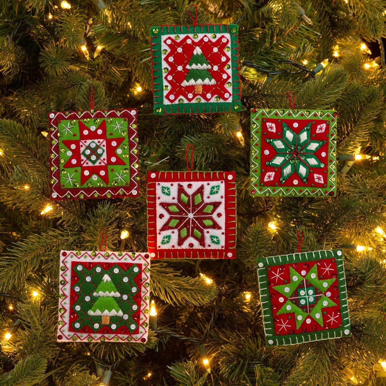 Bucilla Felt Ornaments Applique Kit Set Of 6-Holiday Quilt Squares